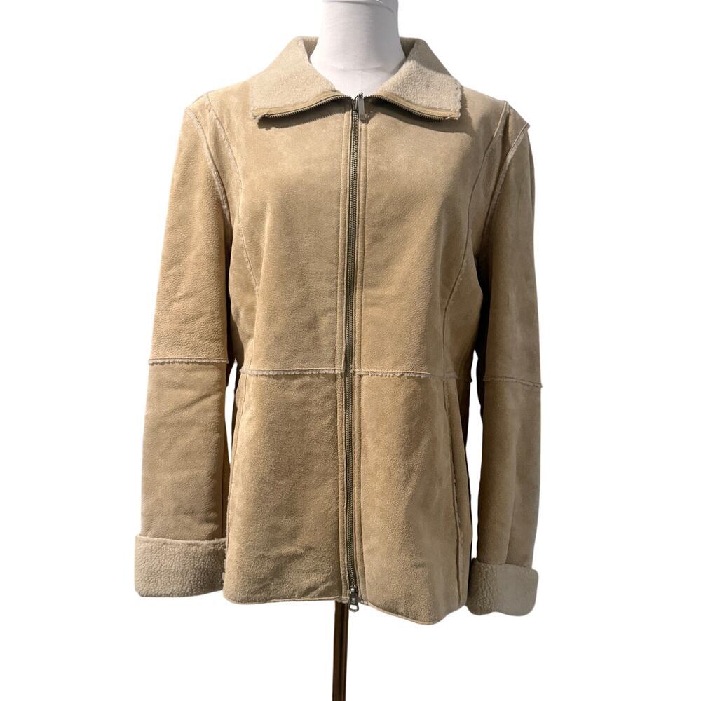 Vintage New York Winlit Beige Shearling Leather Jacket Sherpa Lined Large Luxury
